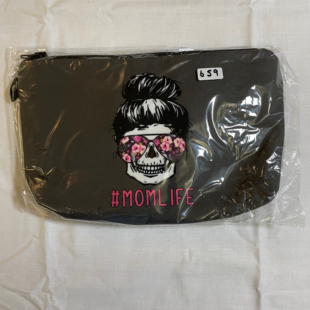 The Pouch Cosmetic Bag Women Small Black NWT Skull Mom Life Floral Edgy Zipper